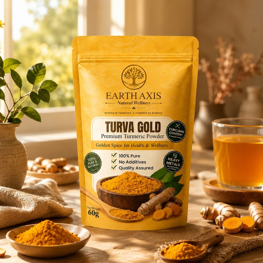 Turva Gold turmeric powder with turmeric roots and a warm drink
